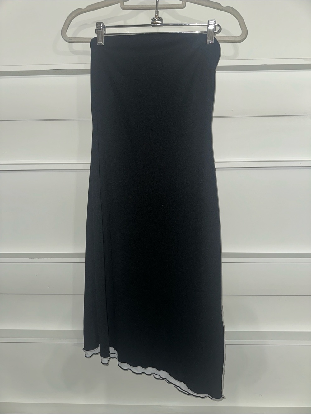 Express Black Asymmetrical Midi Dress with Scalloped Edge